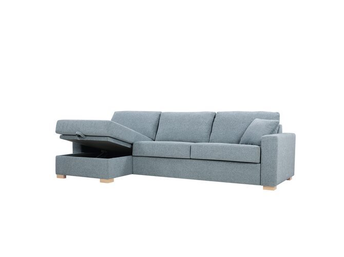 LUKAS Cornersofa with sofabed 140 - longchair with box left - Set 2L - Arm 2 - Fabric King 7 Light blue - Feet Oak