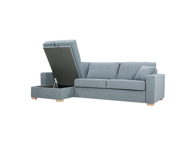 LUKAS Hoeksalon met sofabed 140 - longchair met box links - Set 2L - Arm 2 - Stof King 7 Licht blauw - Poten Eik