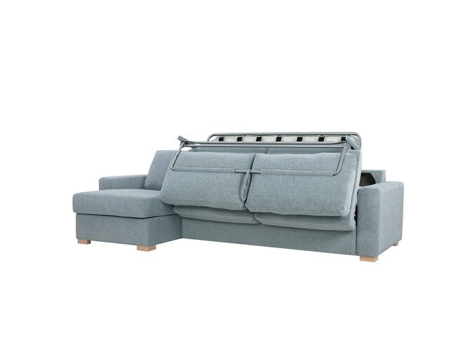 LUKAS canapé d'angle avec lit 140 - méridienne avec coffre gauche  - tissu  bleu clair - pieds chêne